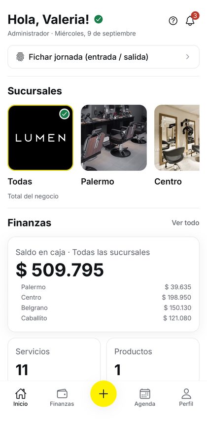 Inicio de Real Services: sucursales, caja y finanzas del día