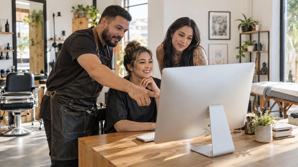 Dueños de un salón mirando los números en la computadora
