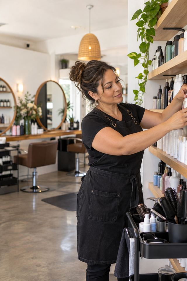 Peluquera acomodando productos en su salón