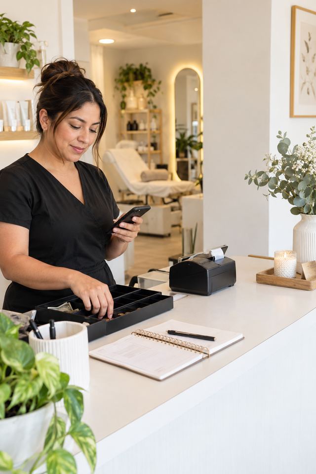 Recepcionista de un spa con el celular