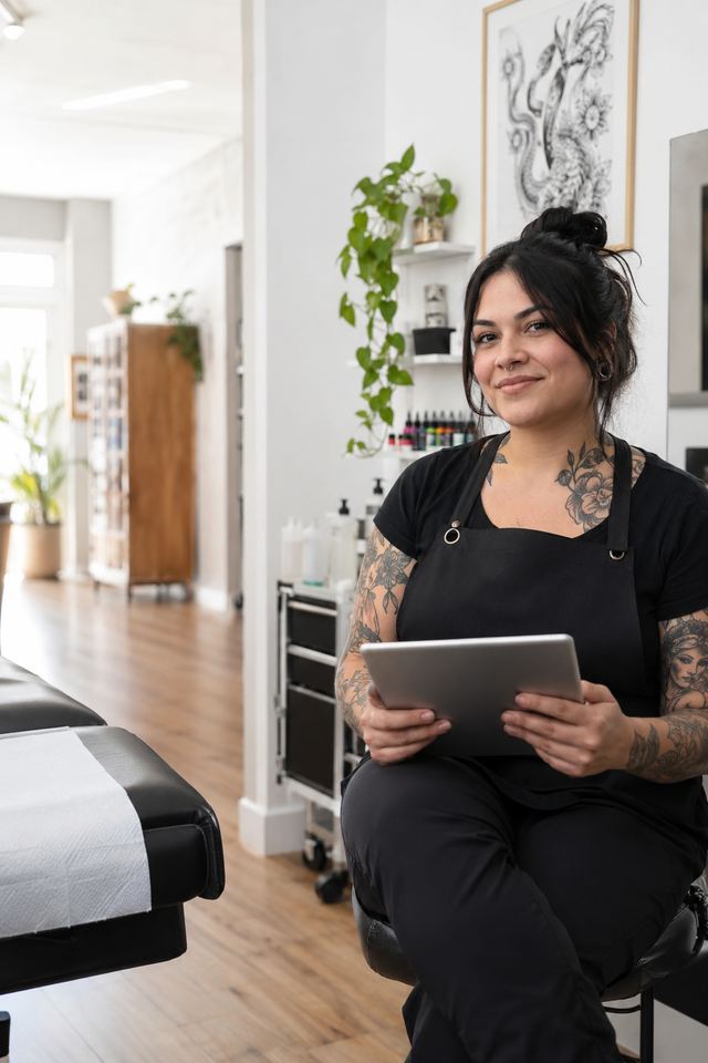 Tatuadora con una tablet en su estudio